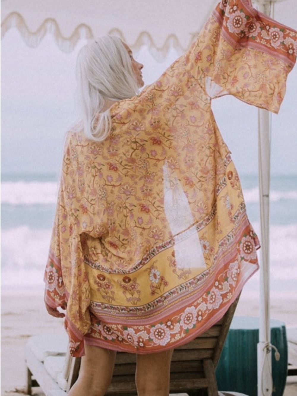 Spell portobello road Sheer Kimono Robe with Pink Border